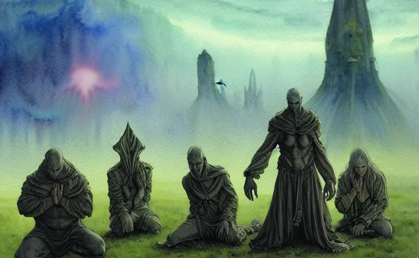 Image similar to a hyperrealist watercolour character concept art portrait of a group of pagan men kneeling down in prayer to a tall elegant lovecraftian alien on a misty night on the moors of ireland. a battlecruiser starship is in the background. by rebecca guay, michael kaluta, charles vess and jean moebius giraud