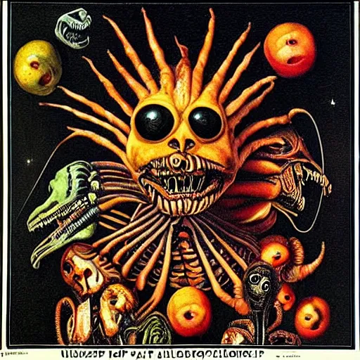 Prompt: album cover, aliens, black, white, orange, psychedelic, giuseppe arcimboldo