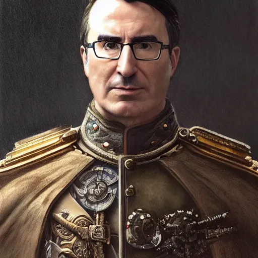 Image similar to portrait of stoic looking john oliver as vigo carpathian, military uniform, fantasy, intricate, elegant, highly detailed, centered, dark, smokey, charcoal painting, digital painting, artstation, concept art, smooth, sharp focus, illustration, art by artgerm and greg rutkowski and alphonse mucha