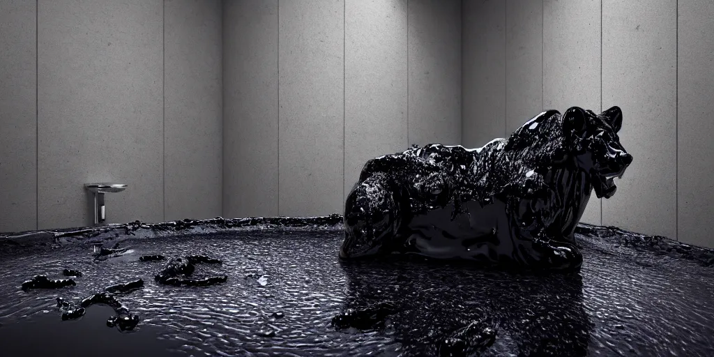 Image similar to the black lioness made of ferrofluid, bathing inside the bathtub filled with tar, dripping tar, drooling goo, sticky black goo, photography, dslr, reflections, black goo, rim lighting, cinematic light, chromatic, saturated, slime, modern bathroom, hyper realistic, 8 k resolution, unreal engine 5, raytracing