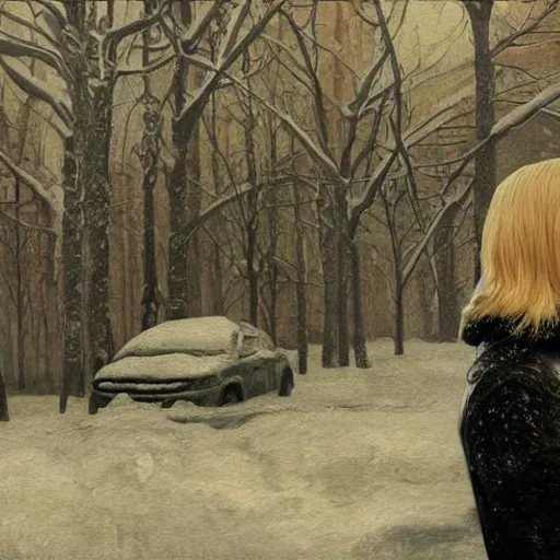 Prompt: Elle Fanning in the painted world of Metro 2033, snow, head and shoulders masterpiece, apocalypse, golden hour, cosmic horror, artstation, in the style of Andrew Wyeth and Edward Hopper and Bosch, extremely detailed