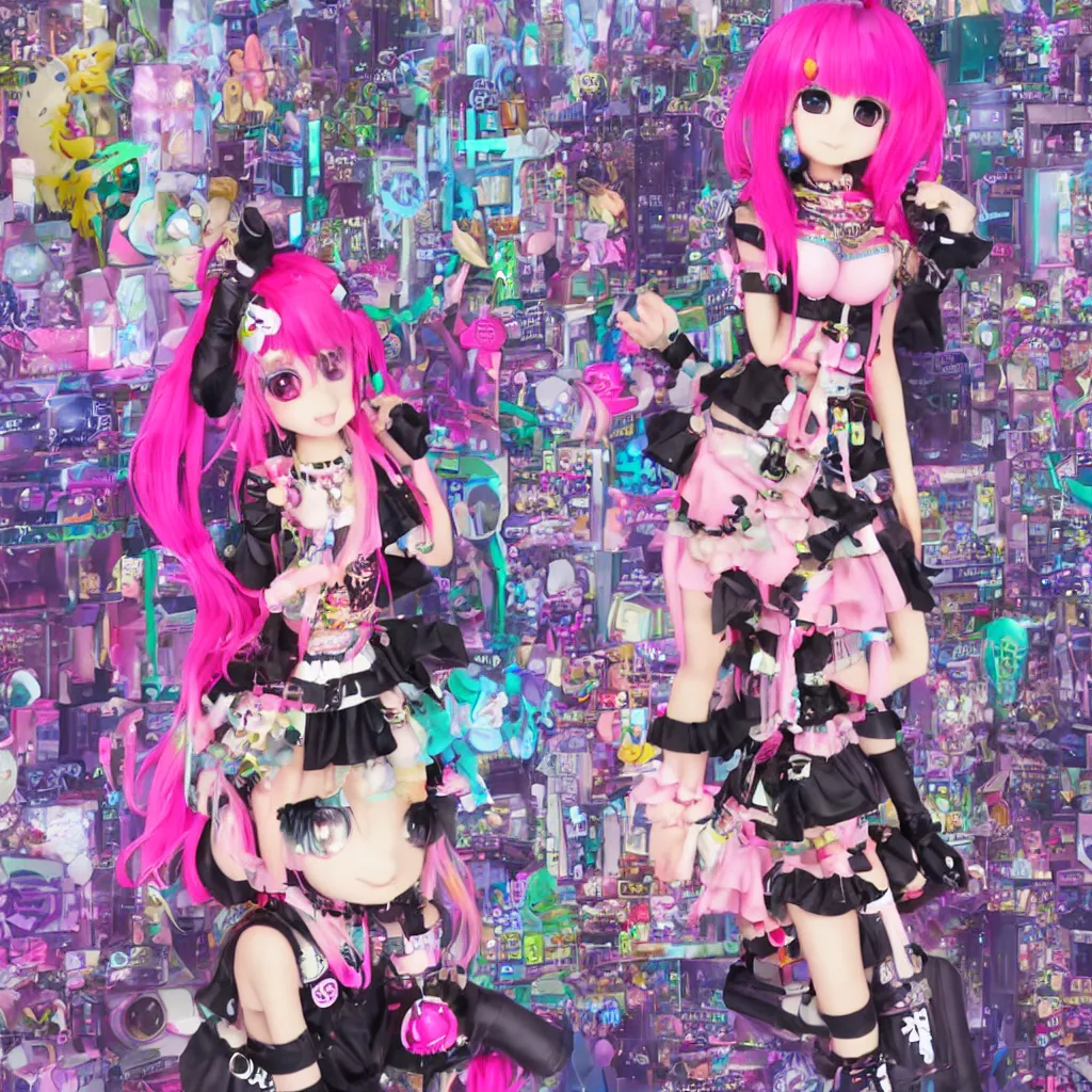 Image similar to 3 d anime render of a decora gyaru kawaii cybergoth emo fashion model vtuber, in a cyberpunk blade runner maximalist city of my melody sanrio plushies, artstation cgsociety