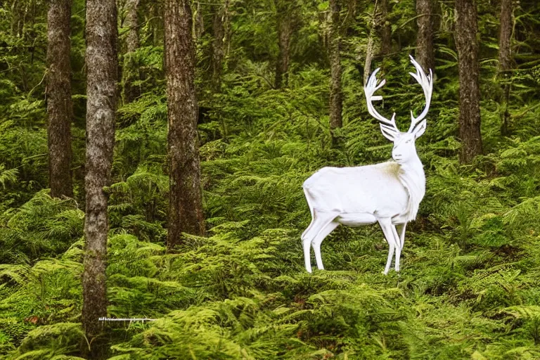 Image similar to a glowing white stag standing in ferns in the middle of the forest, at night