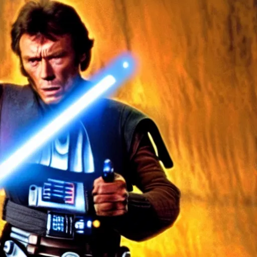 Image similar to clint eastwood holding blue lightsaber in star wars episode 3, 8k resolution, full HD, cinematic lighting, award winning, anatomically correct