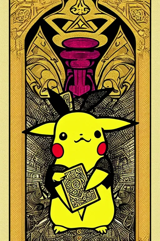Prompt: Pikachu tarot card, art nouveau style, ornate borders, intricate details, trending on artstation
