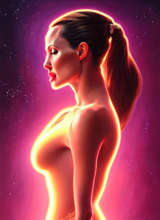 Image similar to a angelina jolie faceless glowing liquefied stardust adventurer, dnd fantasy character, full body portrait, glowing neon skin, magical aura, ultra realistic, intricate, elegant, highly detailed, digital painting, artstation, smooth, sharp, focus, illustration, art by artgerm and greg rutkowski and alphonse mucha