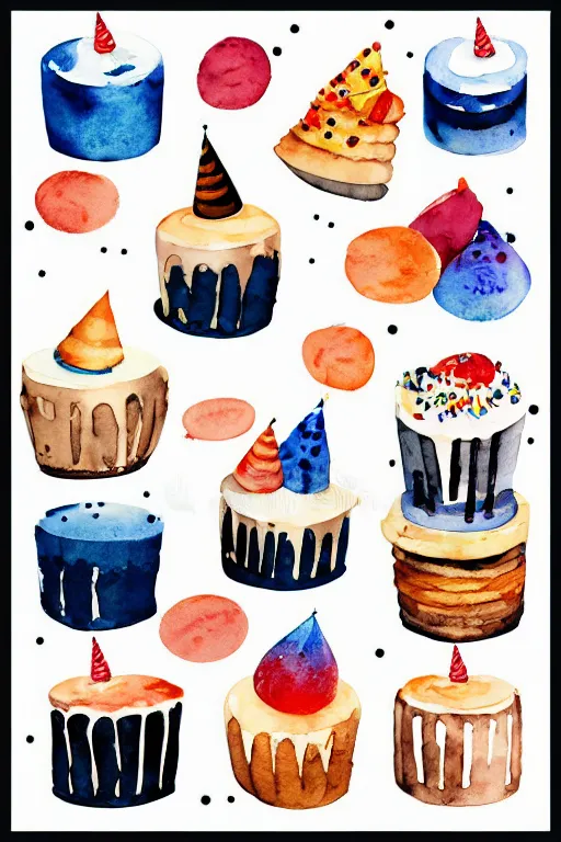 Image similar to minimalist watercolor art of birthday cakes on white background, illustration, vector art