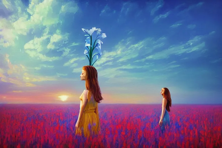 Image similar to giant gladiola head, girl walking in field of flowers, surreal photography, sunrise, blue sky, dramatic light, impressionist painting, digital painting, artstation, simon stalenhag