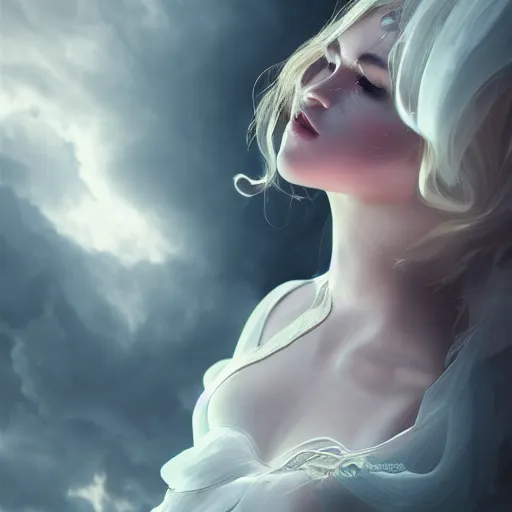 Image similar to beautiful girl portrait in full gown blowing clouds, beautiful portrait, character concept style trending on artstation concept art detailed octane render cinematic photo - realistic 8 k high detailed