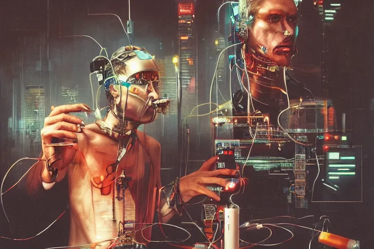 Image similar to man with wires on his head and a cigarette in his mouth, cyberpunk art by noriyoshi ohrai, behance contest winner, panfuturism, circuitry, darksynth, future tech