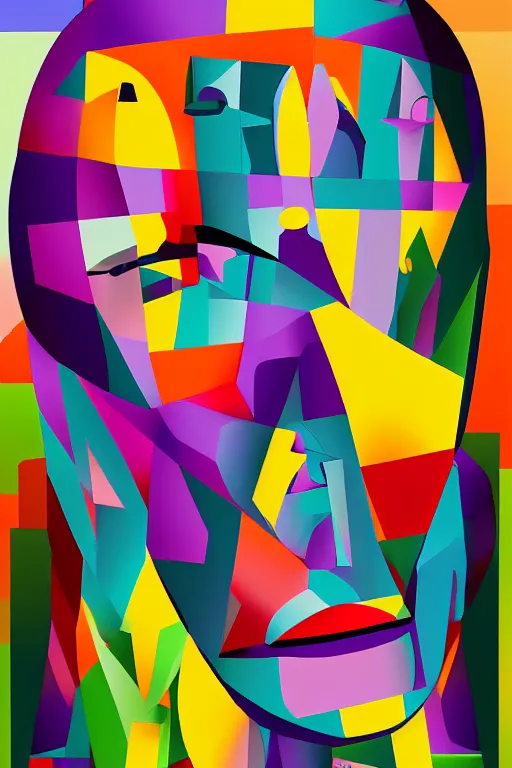 Image similar to cubist moai statue cutout digital illustration cartoon colorful beeple