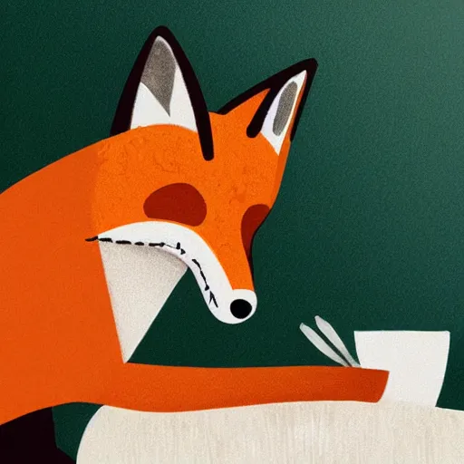 Prompt: award winning illustration of a fox eating cheese in a busy restaurant, soft focus,