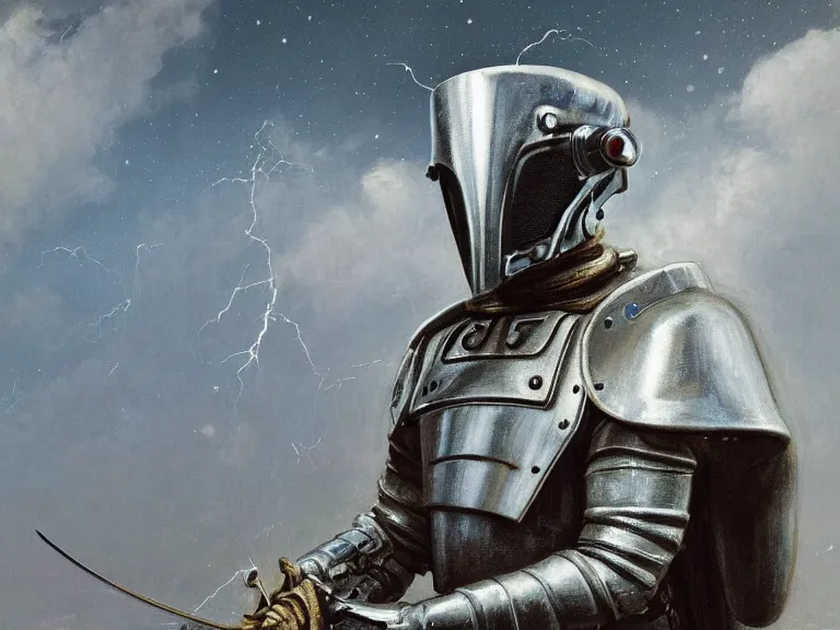 Image similar to a detailed profile portrait painting of a bounty hunter in brushed metal and cloth armour and visor. Fencing. cinematic sci-fi poster. Cloth and metal. Welding, fire, flames, samurai Flight suit, accurate anatomy portrait symmetrical and science fiction theme with lightning, aurora lighting clouds and stars. Clean and minimal design by beksinski carl spitzweg giger and tuomas korpi. baroque elements. baroque element. intricate artwork by caravaggio. Oil painting. Trending on artstation. 8k