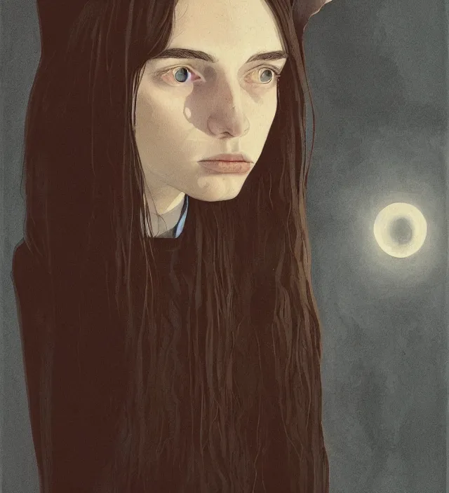 Image similar to portrait of shy american teenage fantasy witch, grzegorz rutkowski, symmetry, deep dark forest, dramatic lighting, moody, directional lighting, awkward, intelligent, contemplative, frizzy brown hair, volumetric lighting, symmetrical face, pale scottish girl, nervous, art by alasdair gray, brown hair, sad blue eyes, trending on artstation