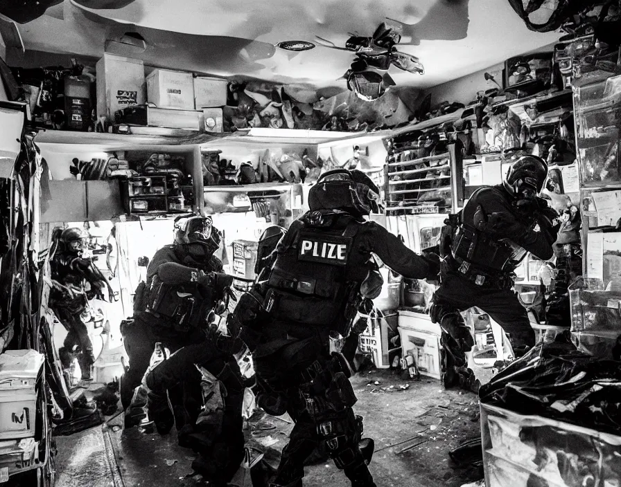 Prompt: Alex Jones in his garage office inventing conspiracy theories, surrounded by boxes of herbal supplements and trash and TVs, a group of SWAT police kicking in the door, tear gas and smoke, alex jones fighting police, detailed photograph high quality