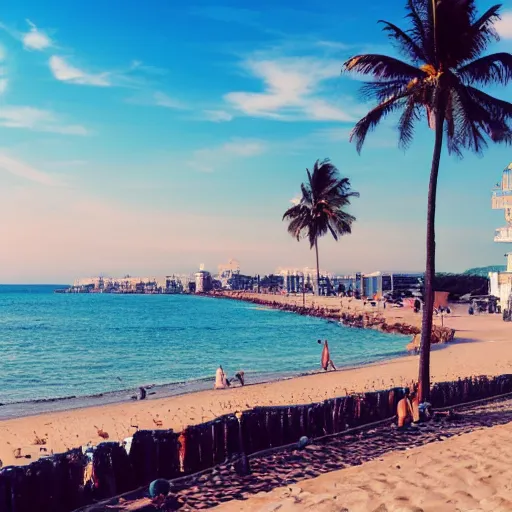 Image similar to a beautiful city by the beach, beach aesthetic