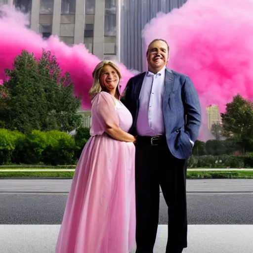 Prompt: a close up of a smiling couple of parents to be, in front of 9 / 1 1 with pink smoke, 1 2 0 mm, clear details, award winning