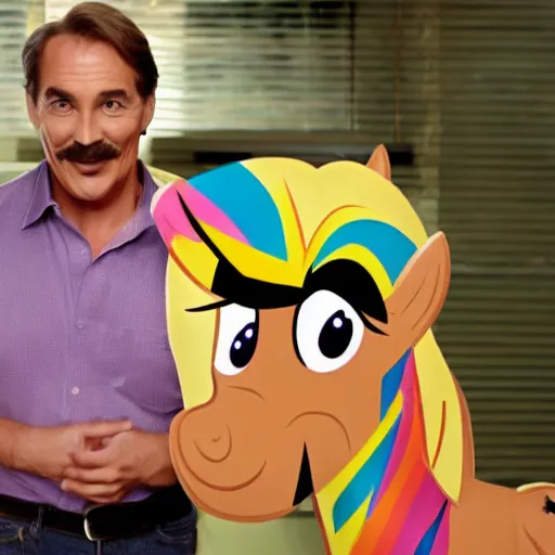 Prompt: mike lindell holding a my little pony body pillow. still from tv commercial