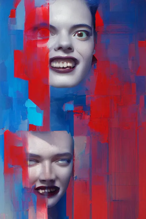 Image similar to 3 d, sci - fi, morning, stanley kubrick smiling fashion model face, blue faces, sun, cinematic, vogue cover style, poster art, light red and deep blue mood, realistic painting, intricate oil painting, high detail, figurative art, multiple exposure, poster art, 3 d, by tooth wu and wlop and beeple and greg rutkowski