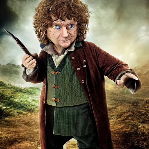 Prompt: Bilbo Baggins from the movies corrupted by the ring of power, realistic, photo, hyperdetailed