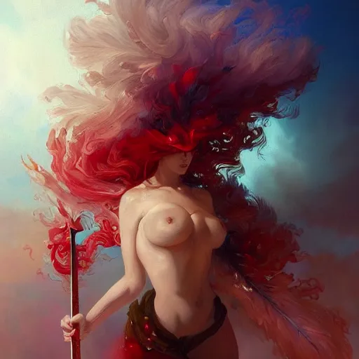 Image similar to a painting of a woman who made of curly white and transparent feathers with red edges is holding a sword, a digital painting by peter mohrbacher, trending on artstation, metaphysical painting, speedpainting, made of feathers, digital painting, holographic undertones, highly saturated colors, 4 k, digital art, concept art, trending on artstation