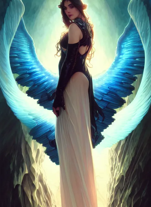 Prompt: a beautiful cinematic female archangel queen, fantasy sea landscape, fantasy magic, short aqua blue black fade hair, dark light night, intricate, elegant, sharp focus, illustration, highly detailed, digital painting, concept art, matte, art by WLOP and Artgerm and and Alphonse Mucha, masterpiece