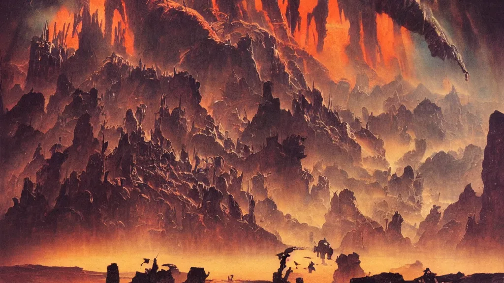 Image similar to journey to the center of the earth by frank frazetta and bruce pennington, cinematic matte painting