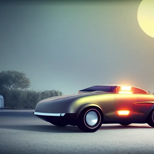 Image similar to a car made of retrofuturistic design, sunset, hazy, volumetric lighting, rtx on, washed out dark colors, an award - winning digital render, beautiful, stunning, ultradetailed, great composition