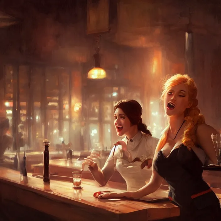 Image similar to a waitress singing on a table in a bar, elegant, real life skin, intricate artwork, high detailed, artstation, concept art, smooth, sharp focus, art by artgerm and greg rutkowski