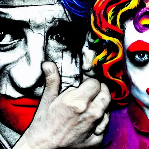 Prompt: mimmo rottela and banksy as joaquin phoenix skinny joker holding hand lady gaga harley queen, photorealistic, intricate details, pop art style, concept art, details object, random object movement, 3 colors, 4 k, 4 d, smooth, sharp focus