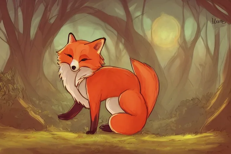 Image similar to a pretty medieval anthropomorphic fox with a fluffy tail in the forest, comic art, trending on furaffinity, cartoon, kawaii, backlighting, furry art!!!, warm shading, concept art, sunset