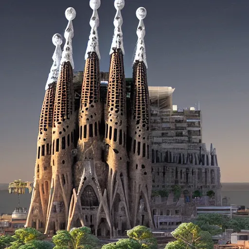 Prompt: sagrada - familia - empire state hybrid, architectural render, cg society