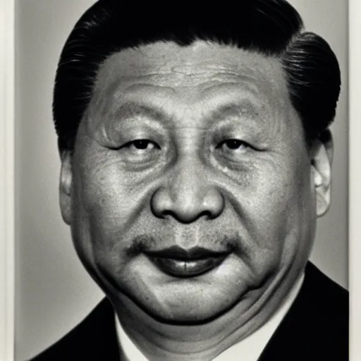 Prompt: photo of Xi Jinping by Diane Arbus, extreme closeup, black and white, high contrast, Rolleiflex, 55mm f/4 lens