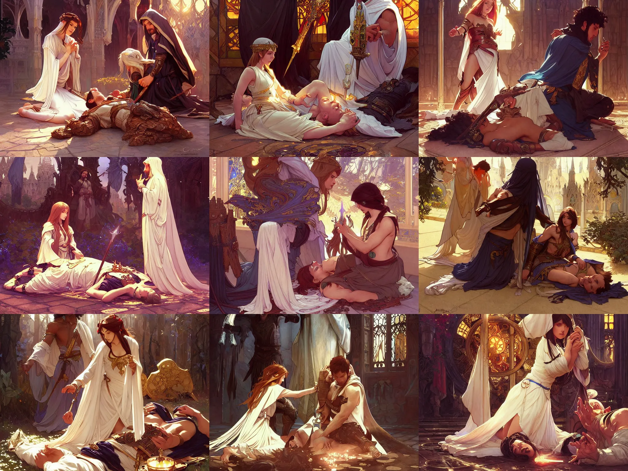Prompt: picture of cute priestess healing magic a wounded male black knight on the floor, digital painting, highly detailed, smooth, sharp contrast, digital painting, by artgerm and greg rutkowski and alphonse mucha, comic book cover art
