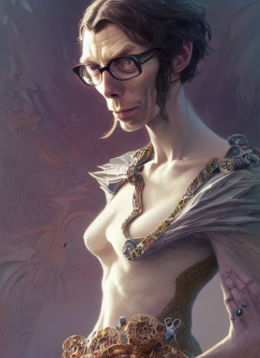 Image similar to portrait of stephen merchant, d & d, lanky! fantasy, intricate, elegant, highly detailed, digital painting, artstation, concept art, smooth, sharp focus, illustration, art by artgerm and greg rutkowski and alphonse mucha