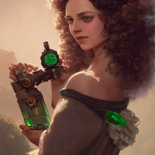 Prompt: gorgeous italian alchemist girl with ringlets holding a green flask, HD, D&D 4k, 8k, incredibly detailed, intricate, masterpiece, digital illustration by greg rutkowski and tom bagshaw, trending on artstation, character design, concept art