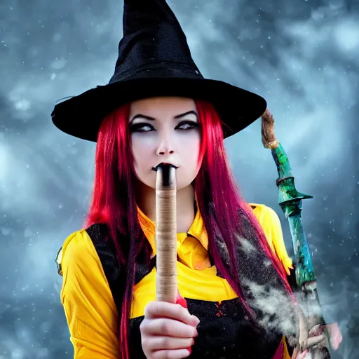 Prompt: young woman witch with magic wand and broom cosplay, she wears boots, full body shot, detailed face, photo taken by nikon, 4k, high quality, very detailed, intricant