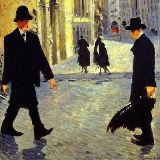 Image similar to the man in black and a revolver in hand walking around a city, impressionist painting