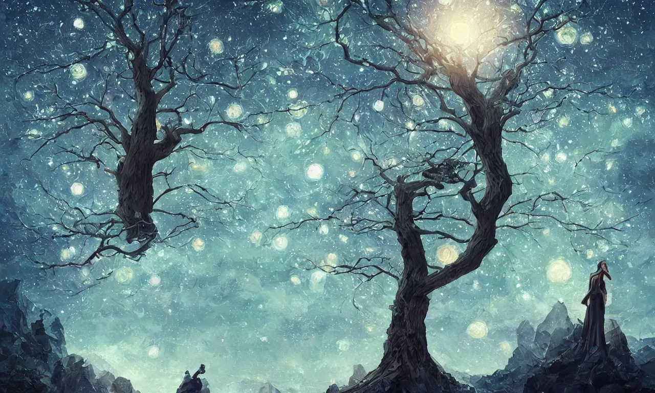 Image similar to a beautiful artwork of a tree with low poly crystal diamond leaves, starry night sky, translucid, pretty lights, pristine marble trunk, elegant, highly detailed, artstation, concept art, matte, sharp focus, art by tom bagshaw, kelogsloops and greg rutkowski