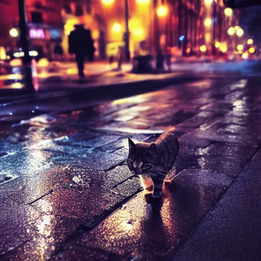 Image similar to Cat sitting on wet street corner, night, high detail, 4k