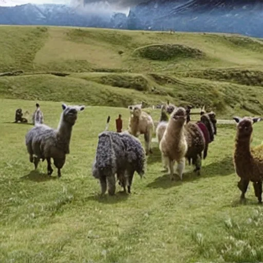 Image similar to still from lord of the rings showing the ride of the rohirrim, but on alpacas