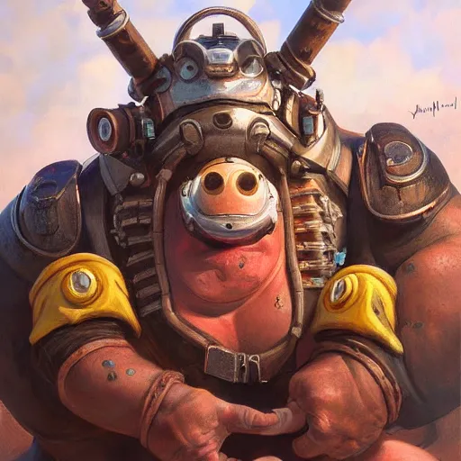 Prompt: detailed portrait of roadhog from overwatch, intricate, hyper detailed, realistic, oil painting, by julie bell, frank frazetta, cinematic lighting