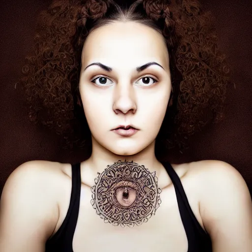 Image similar to portrait of a young lady with curly black hair with smal tattoo on neck, round face, big brown eyes, ultra detailed,,