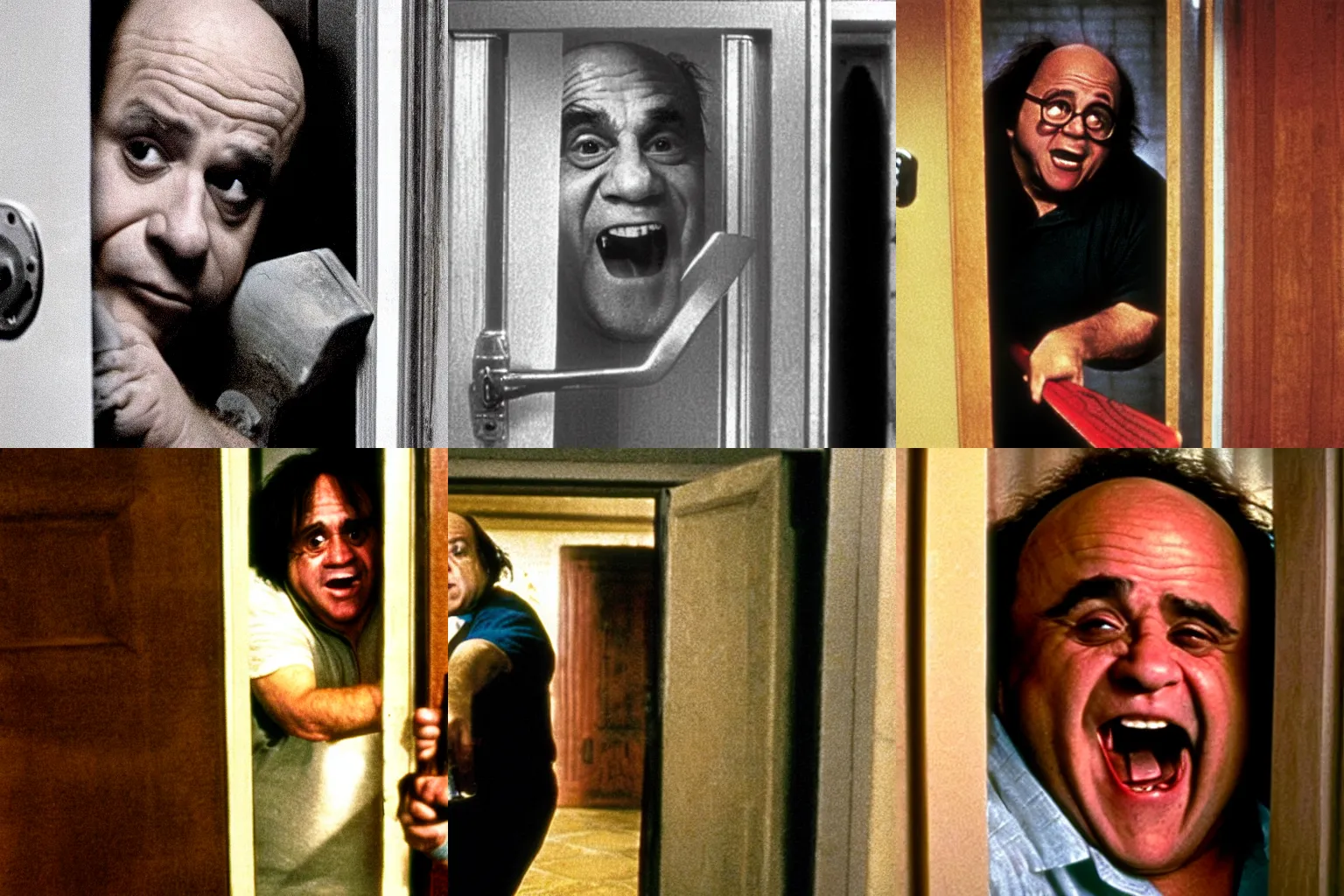 Prompt: Danny Devito as Johnny, breaking through a door with an axe, film still from the movie Shining
