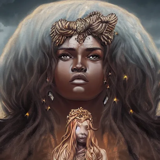 Image similar to a colossal goddess is watching us from above, creative, brown skin, giant, digital art, city, town, highly detailed, photo manipulation, up there, dark clouds, dark gray hair, digital painting, on fire, artstation