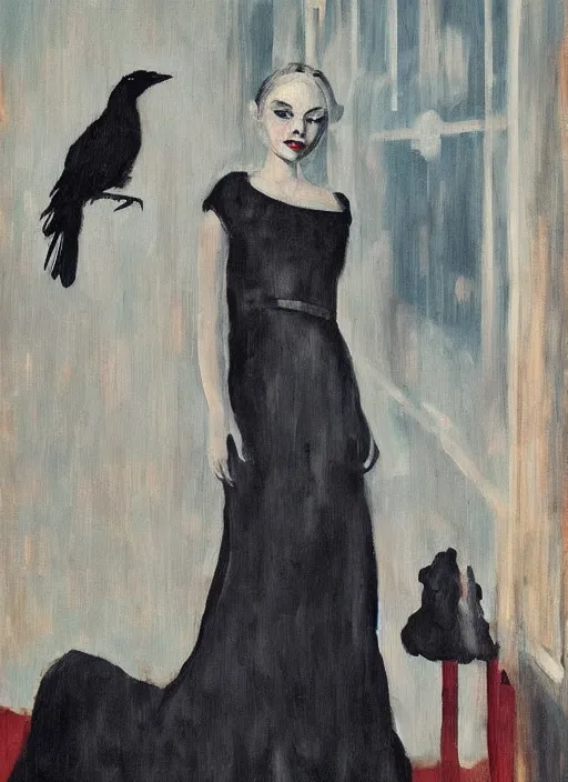 Image similar to a painting of AnnaSophia Robb, frozen cold stare, blood red background, transparent gray dress, crows as a symbol of death, in style of Edward Hopper, John Singer Sargant, Chaim Soutine, surrealism of Francis Bacon, American Gothic, 8k, ultradetailed