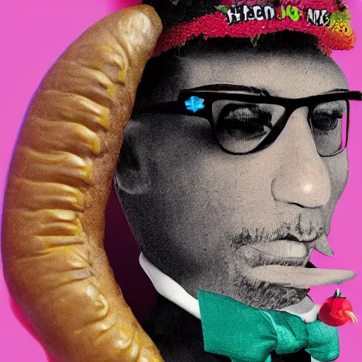 Prompt: a photo of a hotdog in the shape of snoop dog, 8 k
