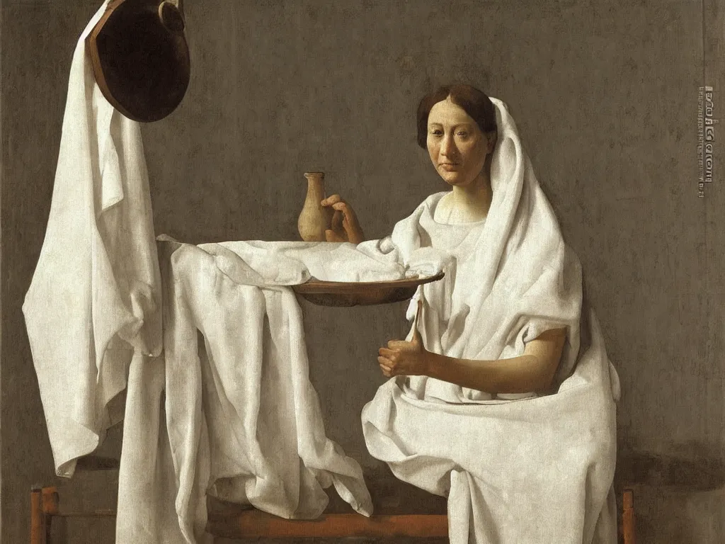 Prompt: Portrait of a woman in the bathtub with amphora, white cloth and crane. Still life. White Opal, marble teracotta. Painting by Zurbaran, Hammershoi, Morandi