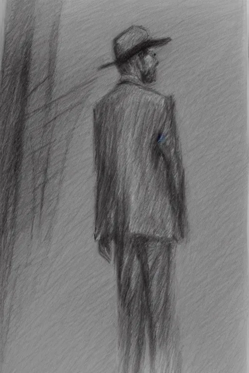 Image similar to a man in a jacket with his back to the camera standing in the rain. pencil sketch.