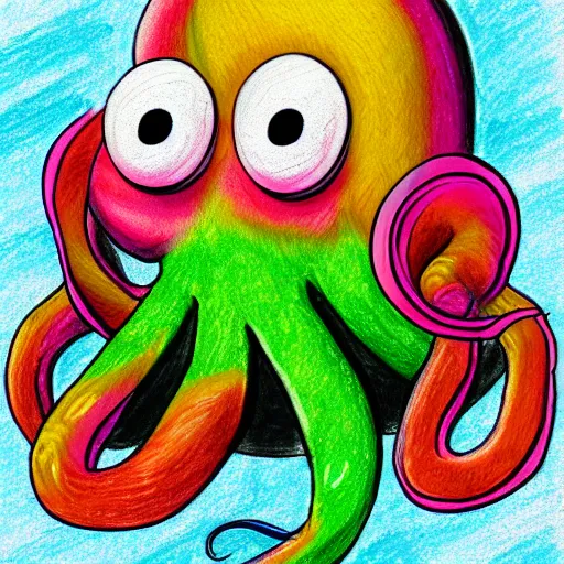 Image similar to multicolor drawing of a sad octopus wearing a pink hatin 4 k ultra high resolution, with arcane style with depressive feeling